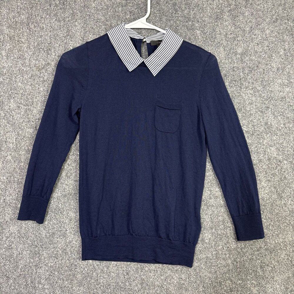 J.CREW Knit Top Blouse  Womens Size XS Blue Faux Collar Preppy Merino Wool